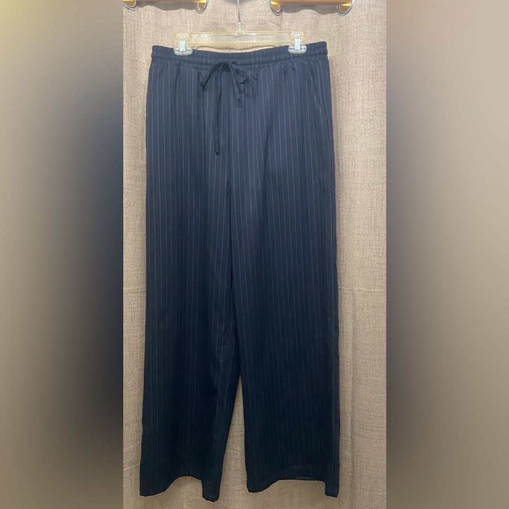 Lumiere Navy Pinstripe Drawstring Wide-Leg Pants